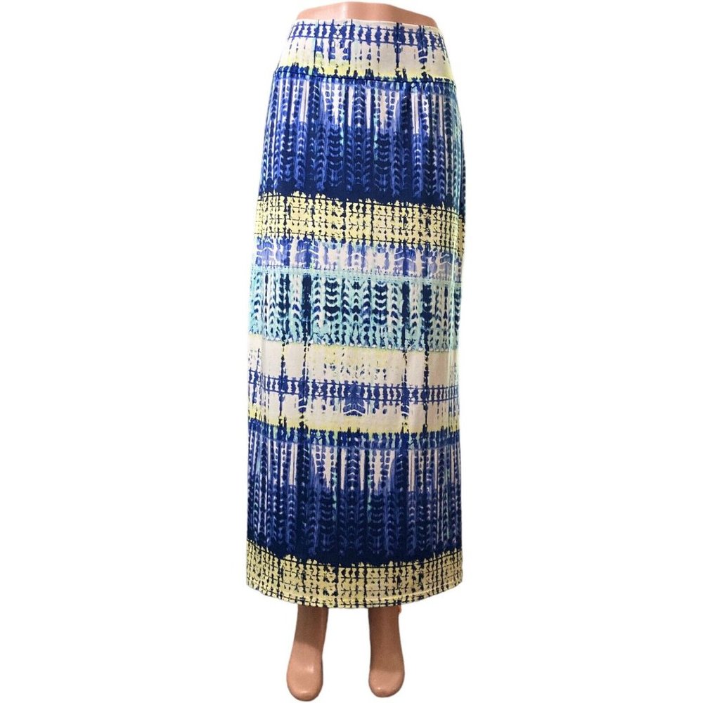 New Directions Maxi Skirt Womens M Tie Dye Yellow Blue White Boho Hippie Stretch